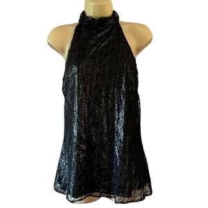Hot Kiss M Black & Silver Metallic Lace Blouse Fancy Sleeveless